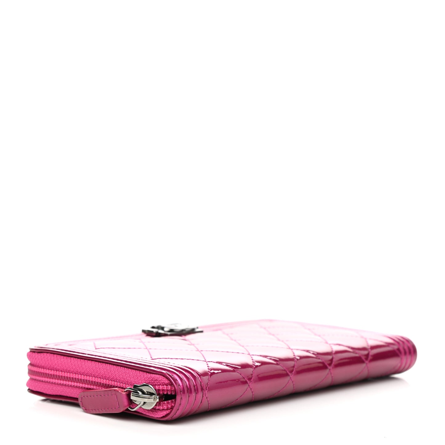 Metallic Patent Calfskin Quilted Boy L-Gusset Zip Wallet Pink