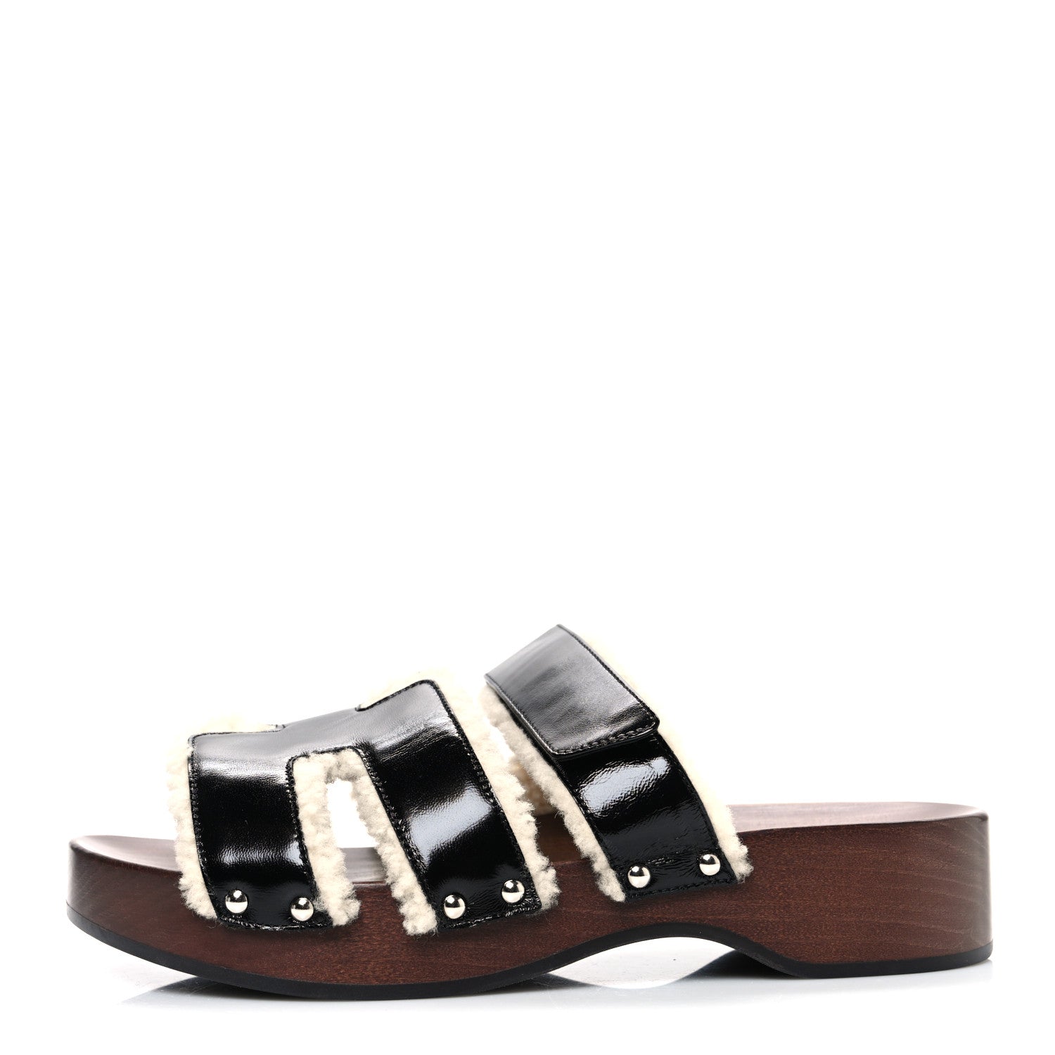 Hermes Glazed Nappa Shearling Womens Kos Clog 40 Black Ecru 1 of 10