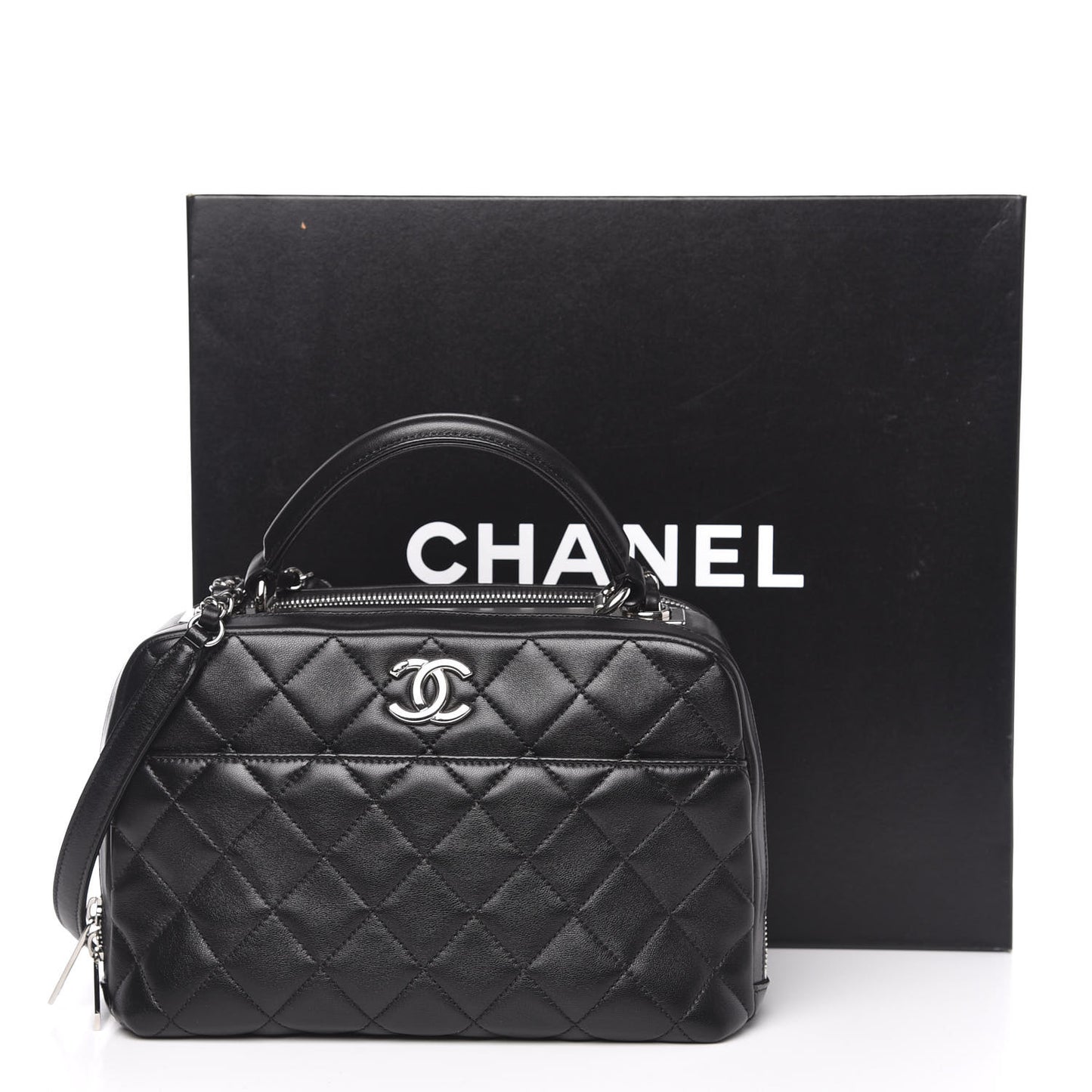 Lambskin Quilted Small Trendy CC Bowling Bag Black