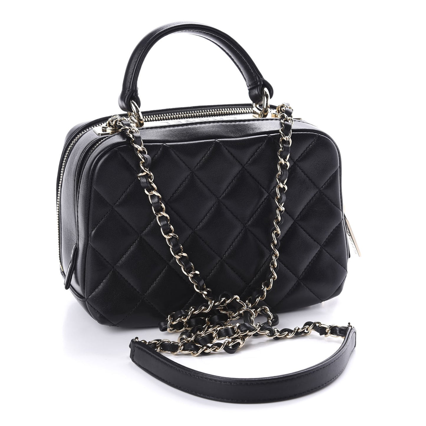 Lambskin Quilted Small Trendy CC Bowling Bag Black
