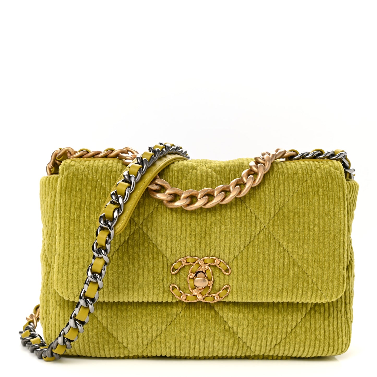 Corduroy Quilted Medium Chanel 19 Flap Light Green