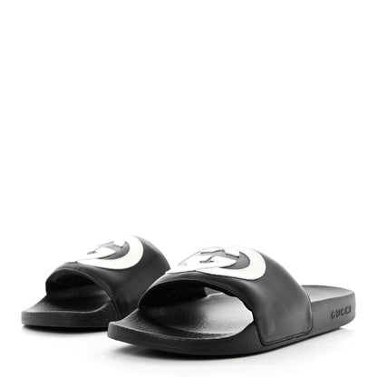 Gucci Nappa Miro Soft Calfskin Womens Interlocking G Slide Sandals 40 Black White 3 of 8