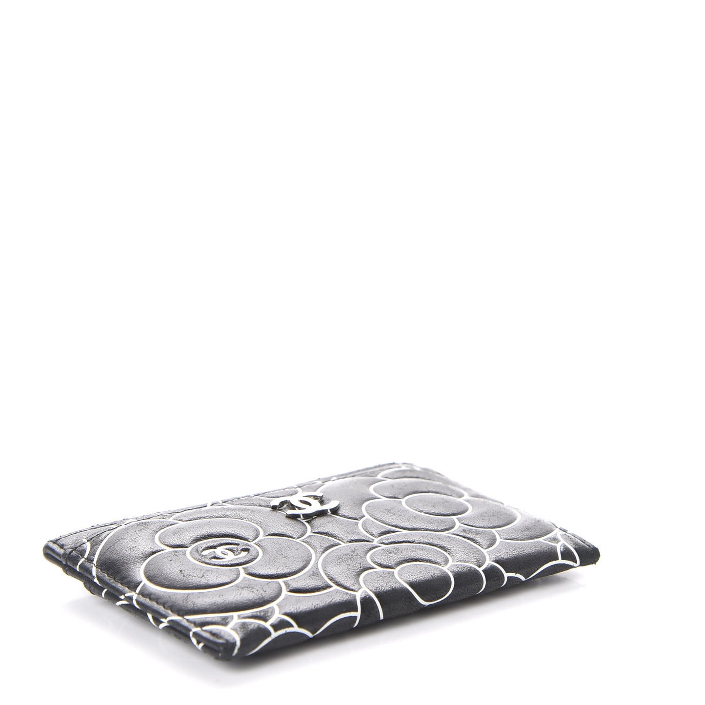 Lambskin Camellia Embossed Card Holder Black White