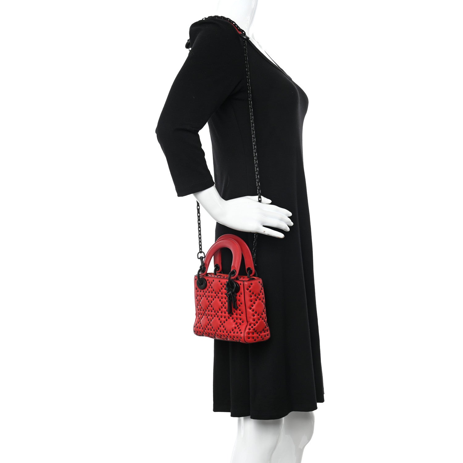 Christian Dior Ultra Matte Calfskin Studded Mini Supple Lady Dior Red Black 2 of 23