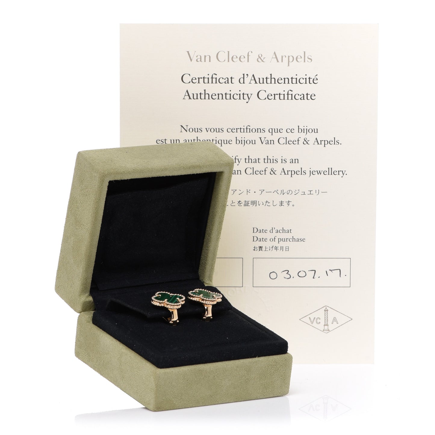 18K Yellow Gold Malachite Vintage Alhambra Earrings