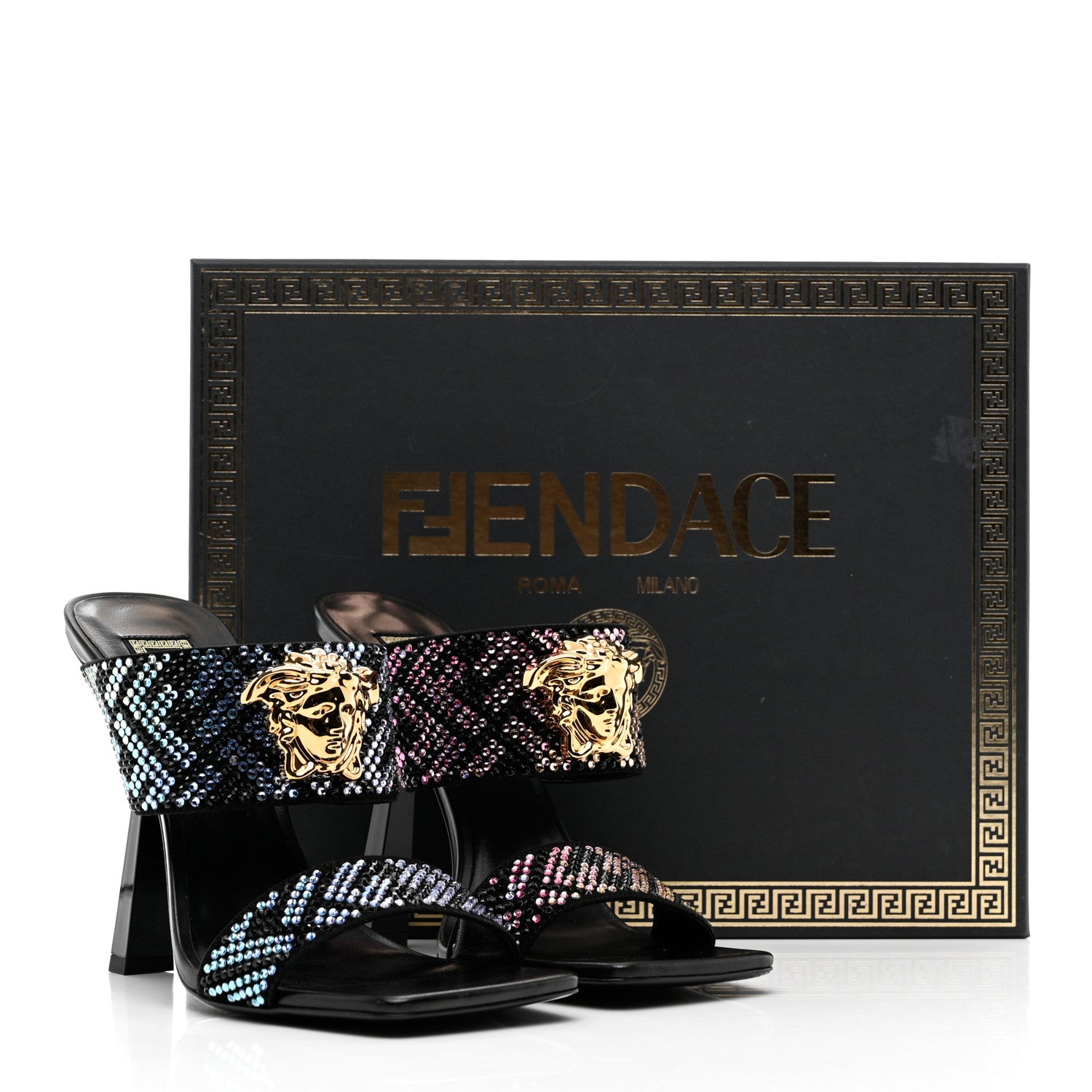 Versace X FENDI Calfskin Crystal Fendace FF Medusa High Heel Mule Sandals 38 Black Multicolor 8 of 8