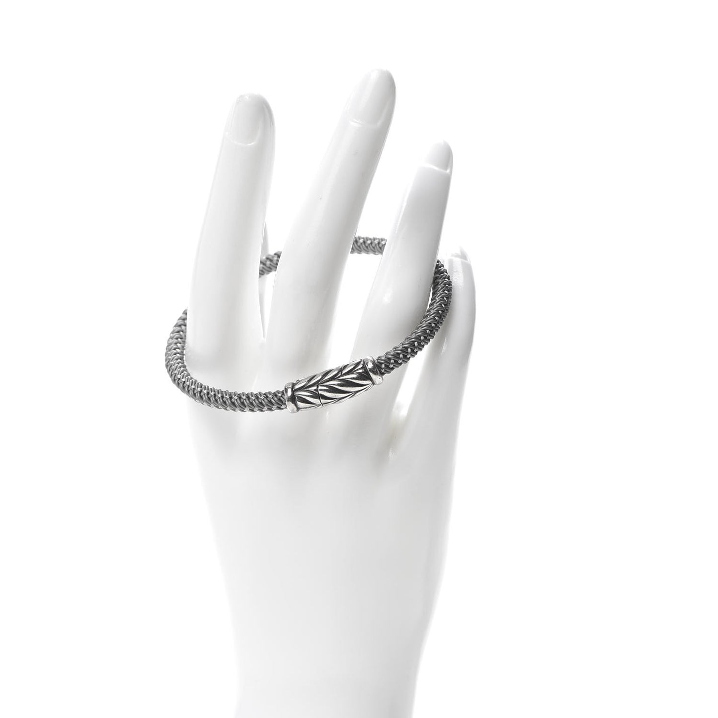 Sterling Silver Leather Chevron Woven Bracelet Gray