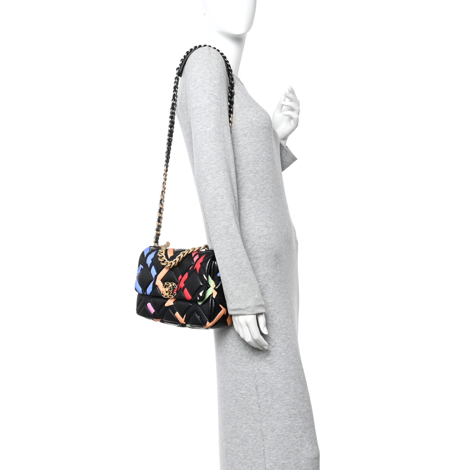 Chanel Lambskin Printed Fabric Medium Chanel 19 Flap Black Multicolor 2 of 10