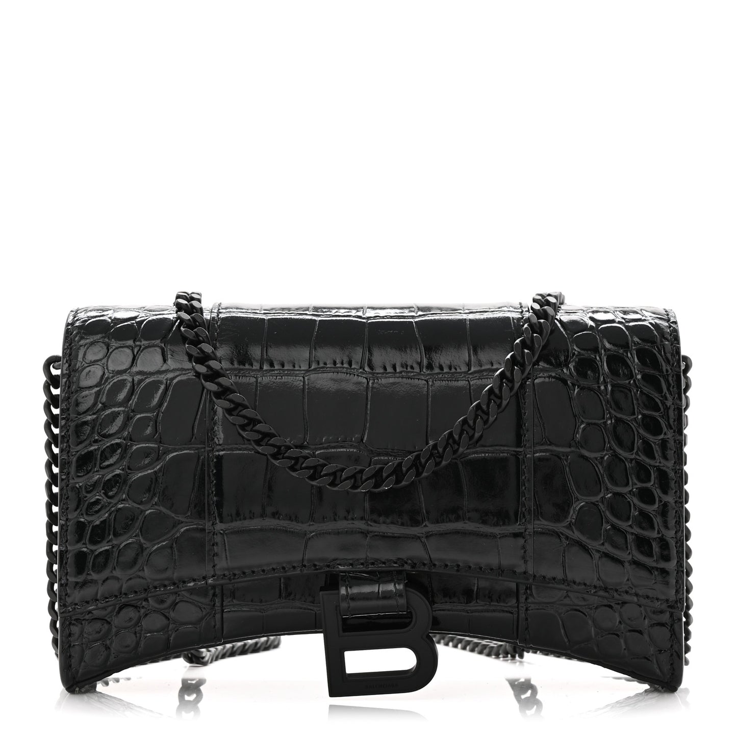 Shiny Calfskin Monochrome Crocodile Embossed Hourglass Chain Bag Black