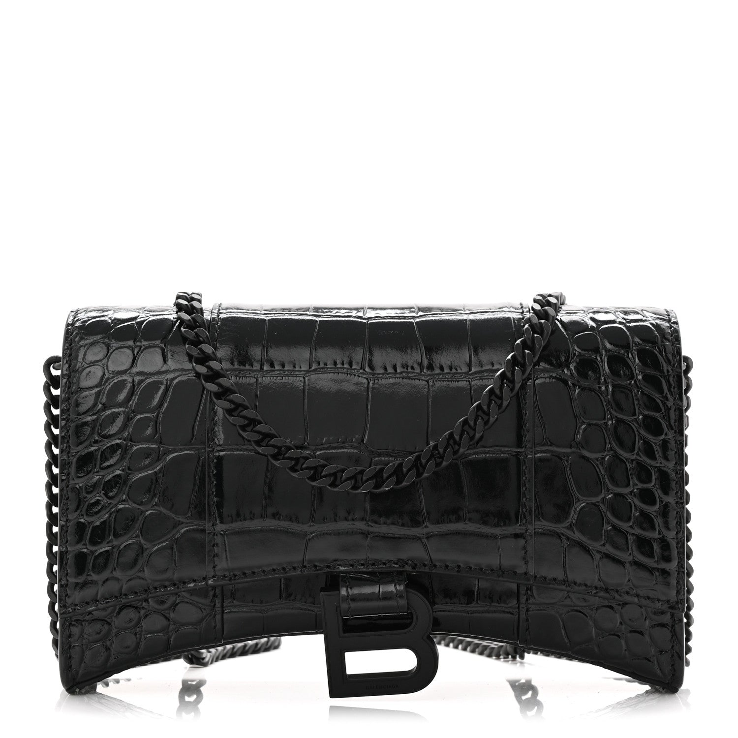 Balenciaga Shiny Calfskin Monochrome Crocodile Embossed Hourglass Chain Bag Black 1 of 17