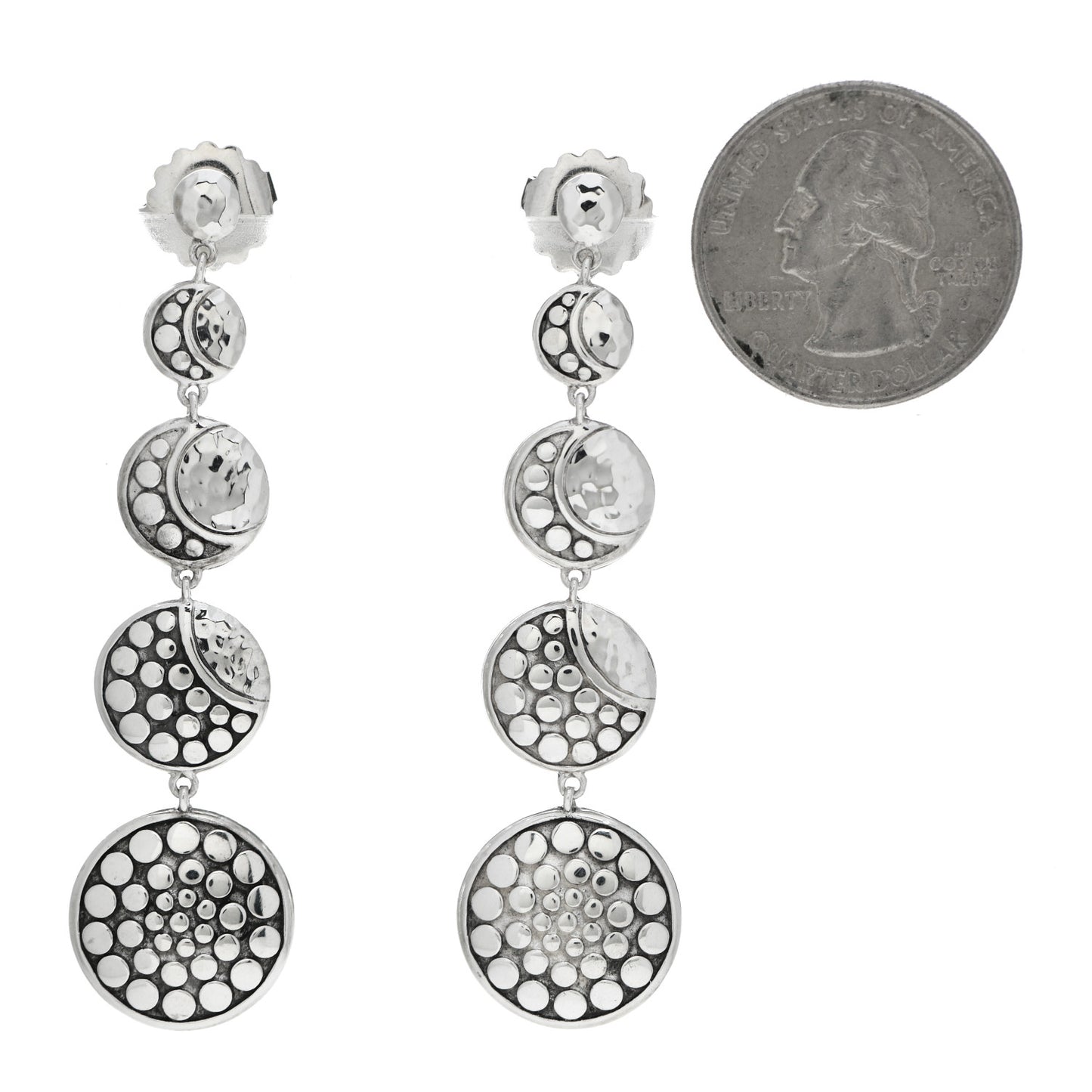 Sterling Silver Dot Moon Phase Hammered Drop Earrings