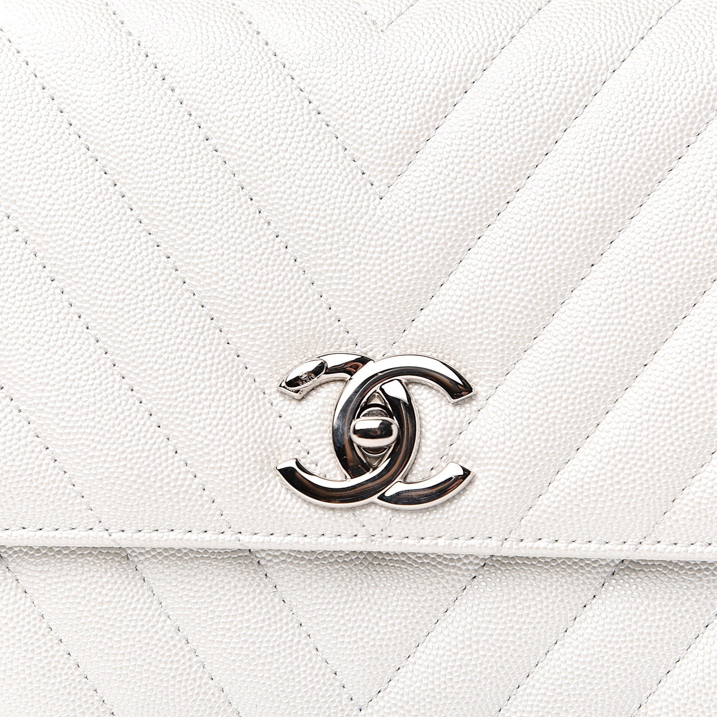 Iridescent Caviar Chevron Quilted Small Coco Handle Flap White