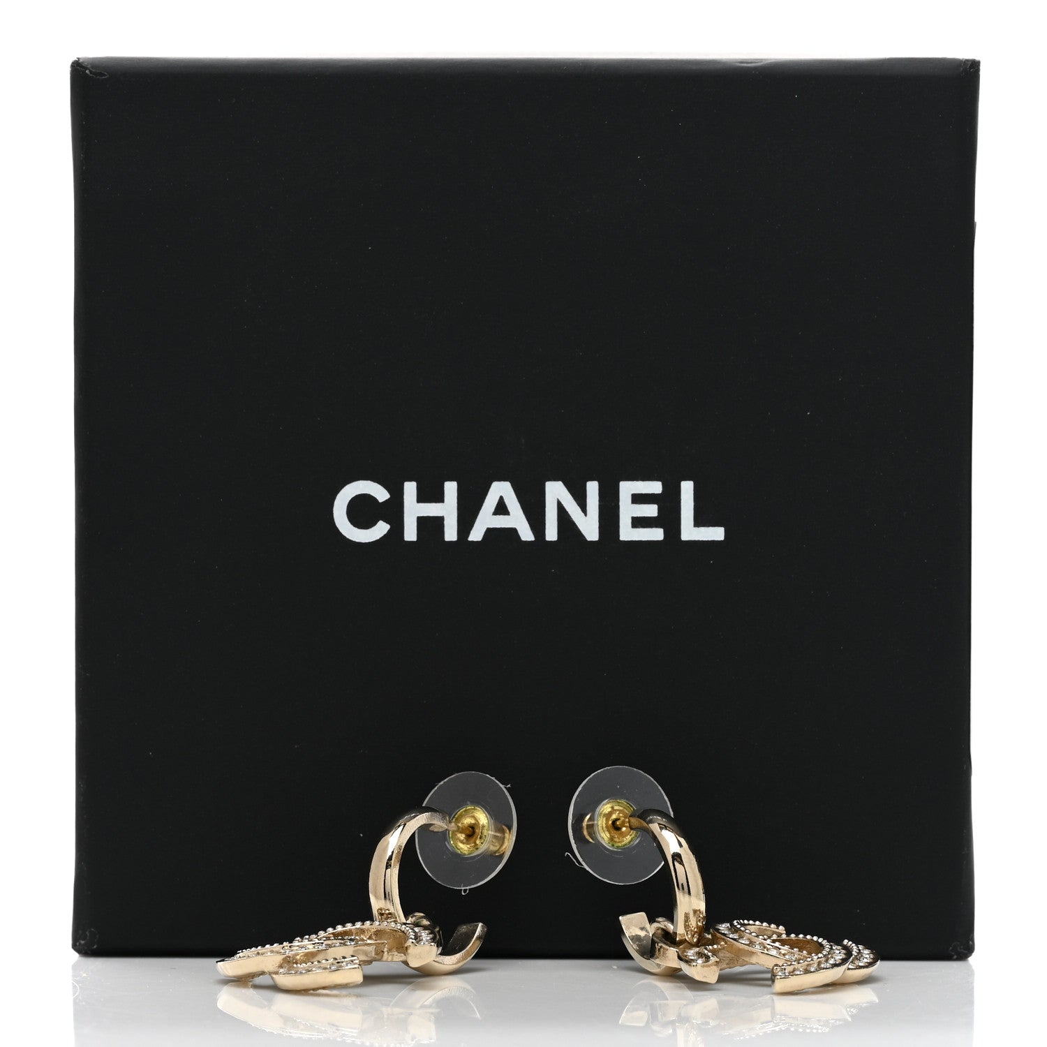 Chanel Metal Crystal CC Hoop Drop Earrings Gold 5 of 5
