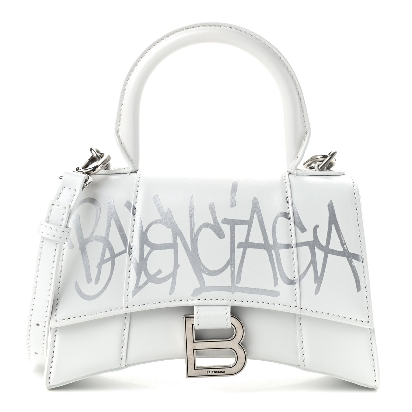 Box Calfskin Graffiti Logo Hourglass Top Handle Bag XS White Light Silver