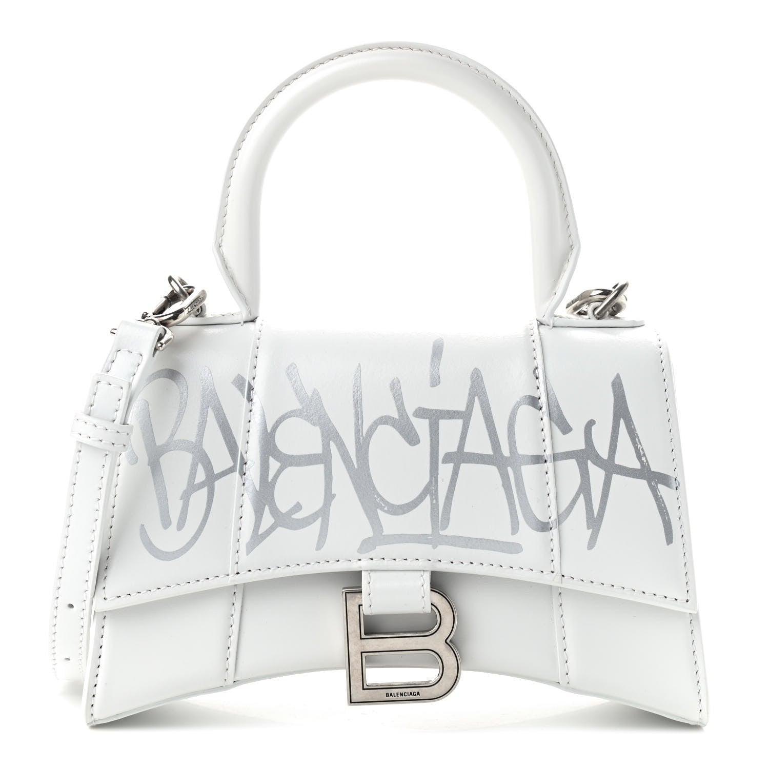 Balenciaga Box Calfskin Graffiti Logo Hourglass Top Handle Bag XS White Light Silver 1 of 7