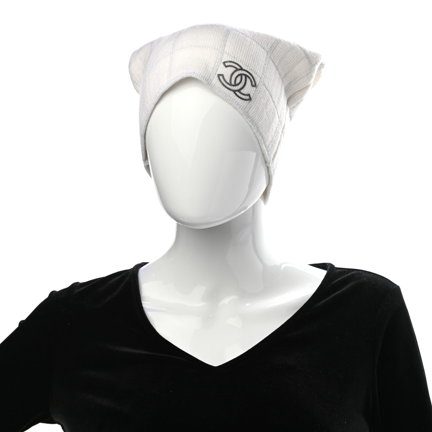 Chanel Wool Blend CC Beanie Hat White Silver 2 of 5