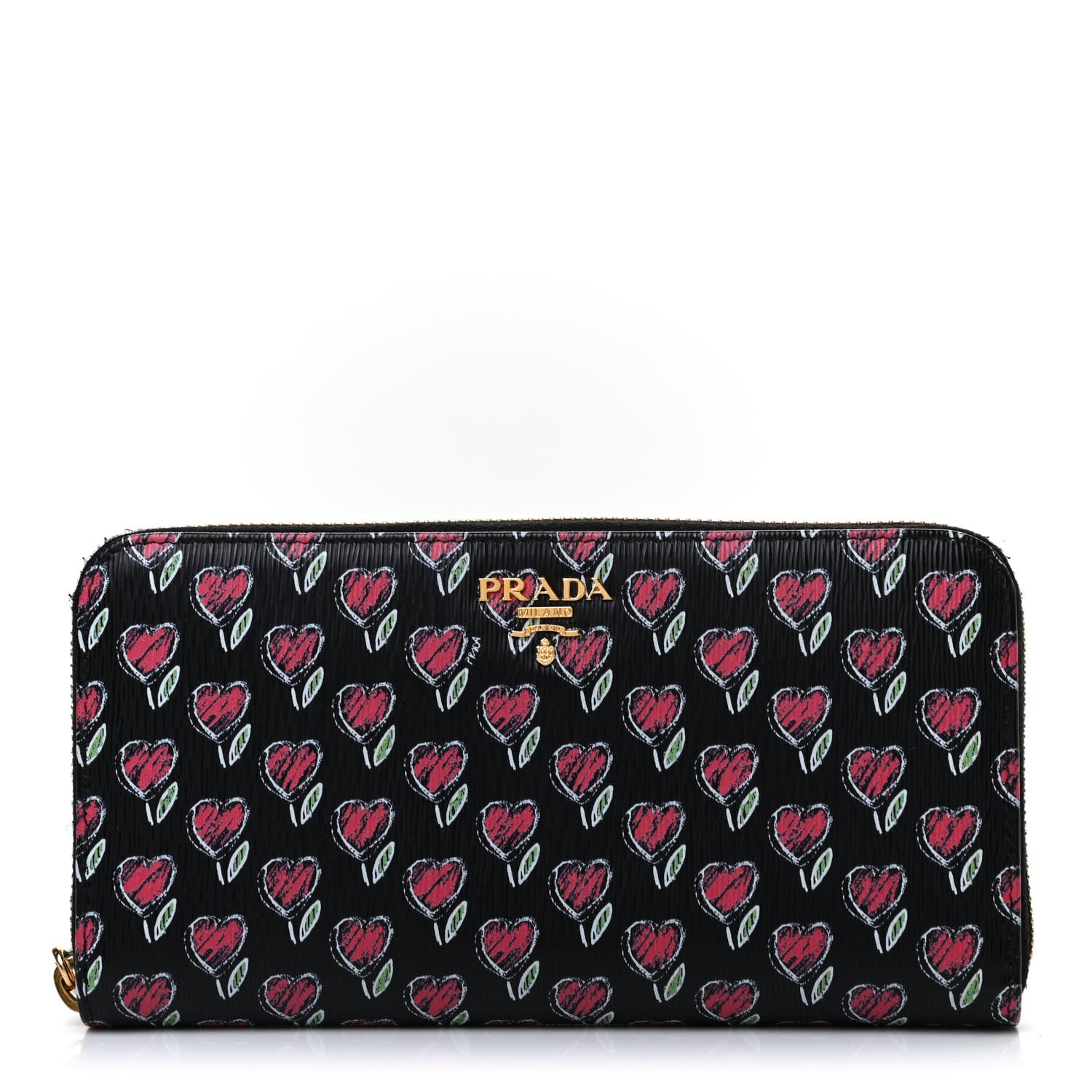 Prada Vitello Move Love Print Metal Zip Around Wallet Black 1 of 6