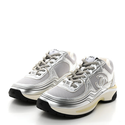 Chanel Fabric Laminated Calfskin Stretch CC Sneakers 39 White Silver 3 of 9