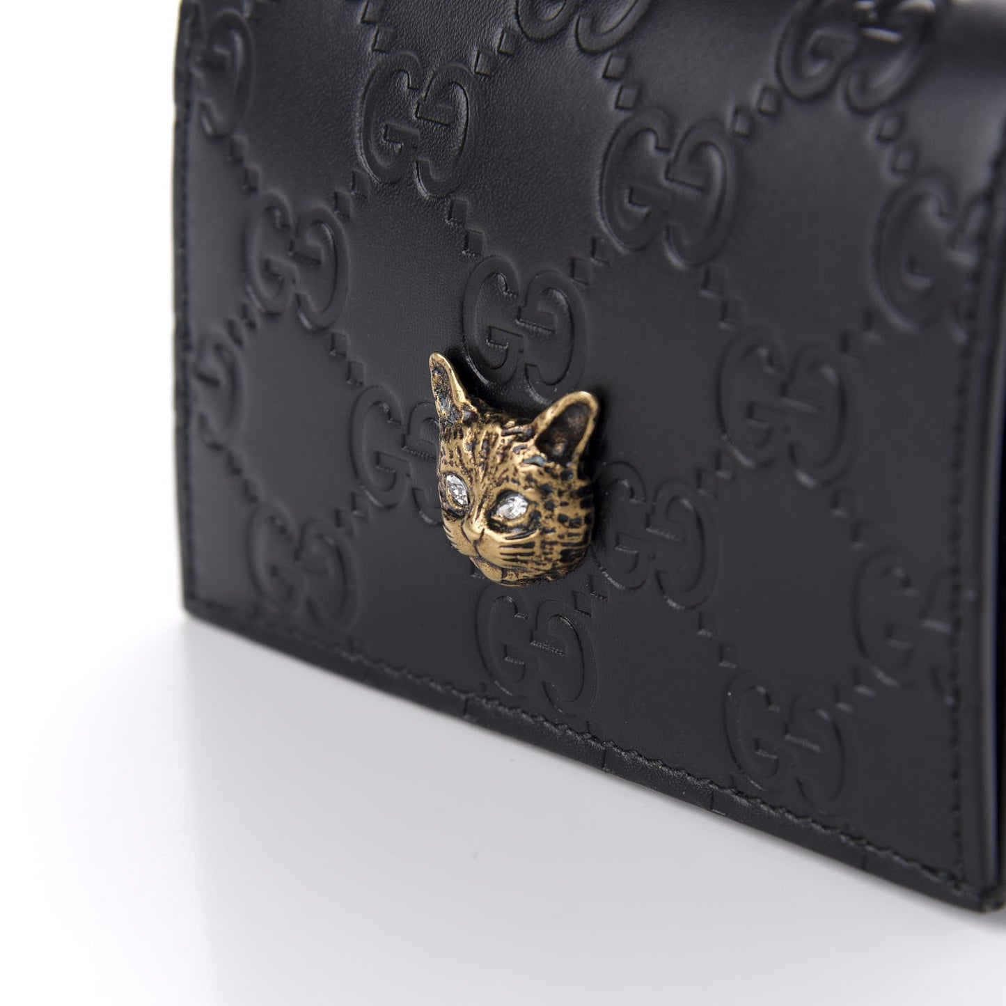 Guccissima Signature Crystal Cat Card Case Wallet Black