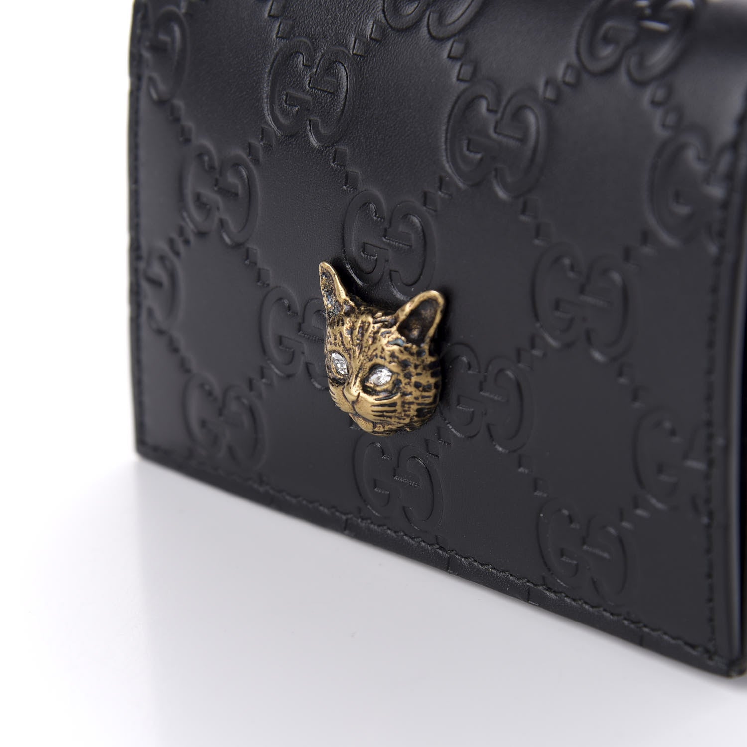 Gucci Guccissima Signature Crystal Cat Card Case Wallet Black 7 of 8