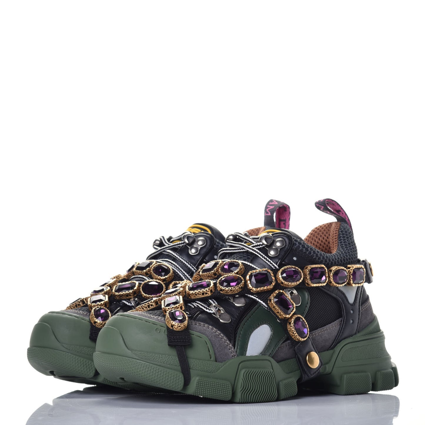 X SEGA Mesh Suede Calfskin Removable Crystals Flashtrek Sneakers 35.5 Loess Black Olive Green