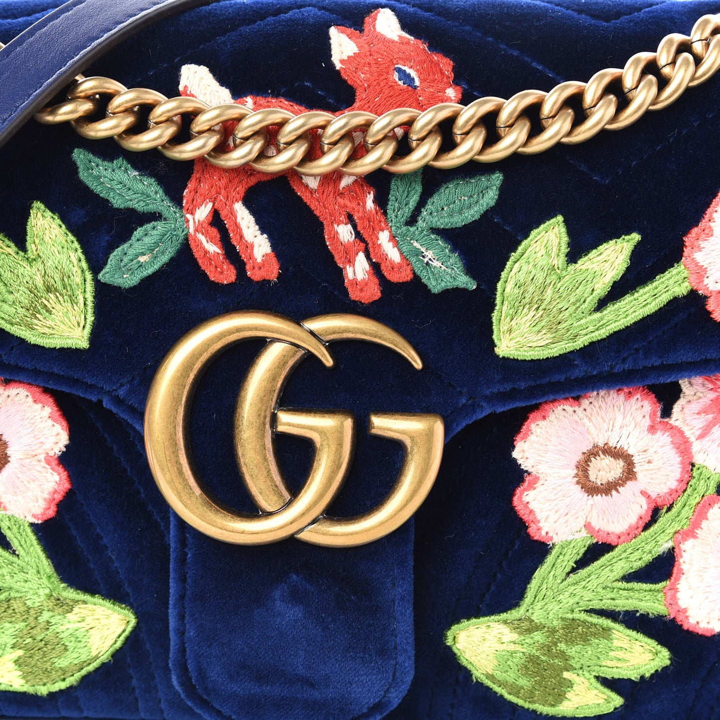 Velvet Matelasse Deer Embroidered Small GG Marmont Shoulder Bag Cobalt
