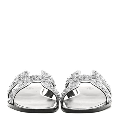 Hermes Velvet Goatskin Crystal Beads Oran Sandals 37 Gris Argente 3 of 11