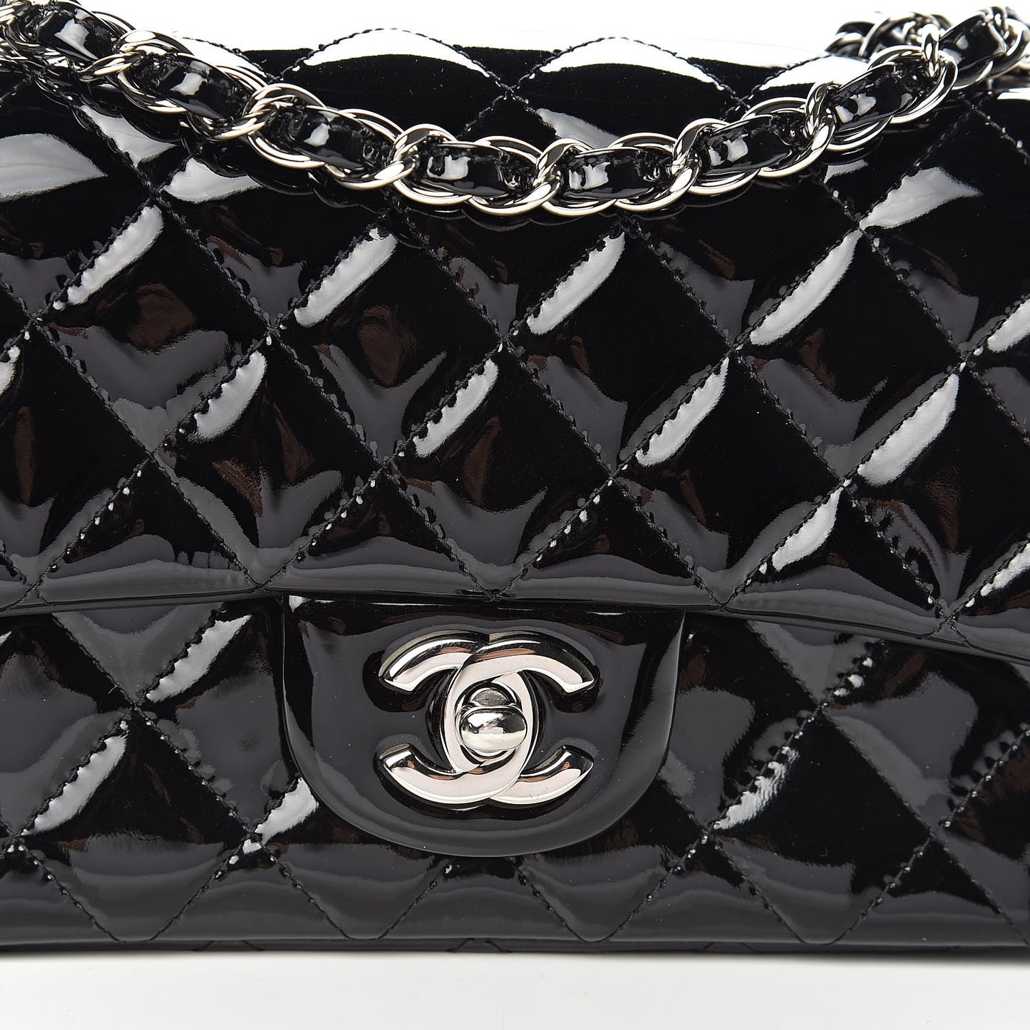 Patent Calfskin Quilted Mini Rectangular Flap Black