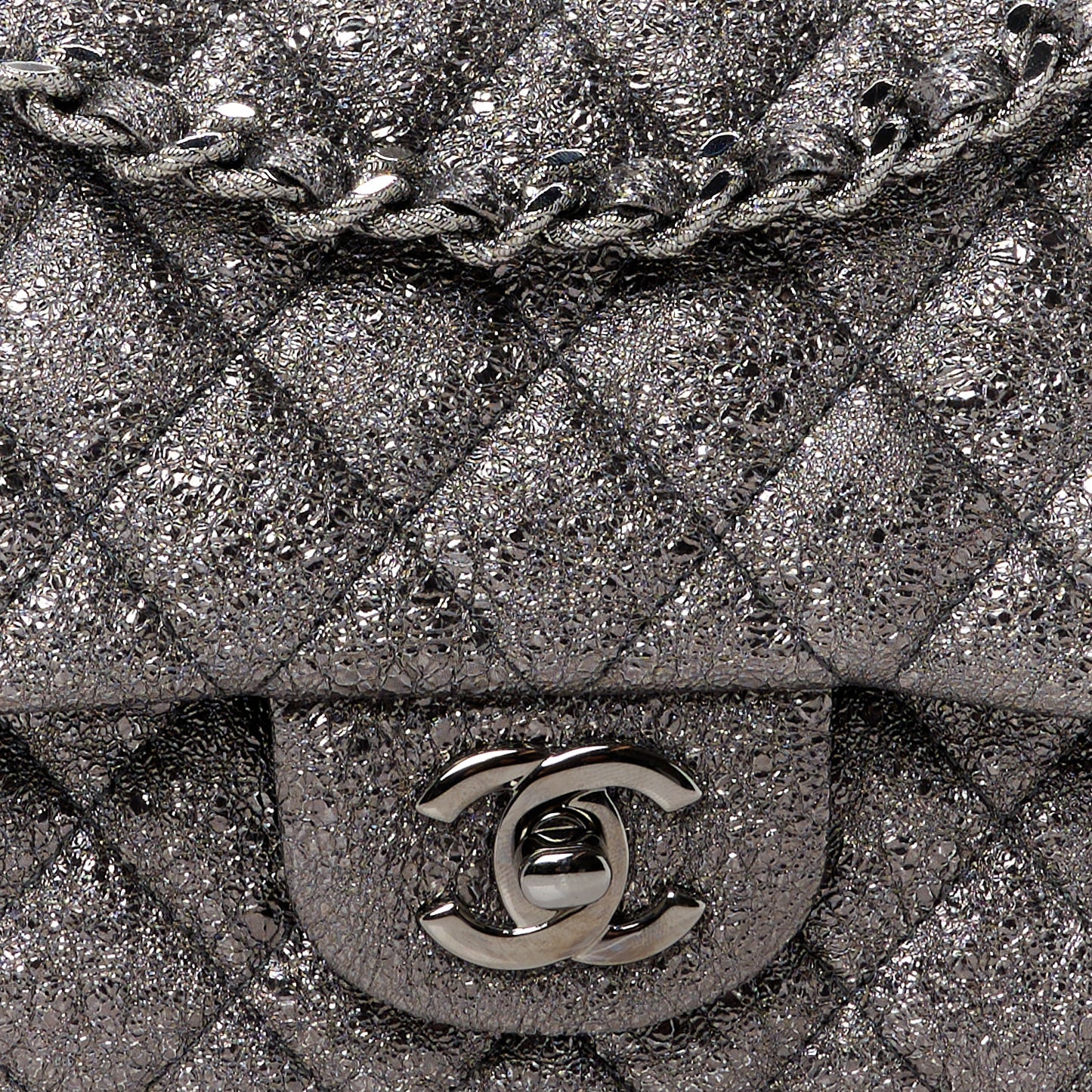 Metallic Crackled Calfskin Medium Double Flap Dark Silver