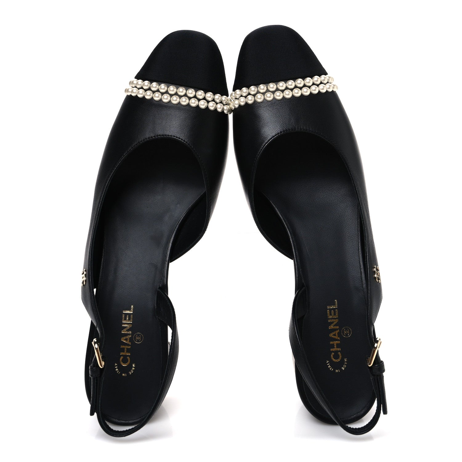 Chanel Lambskin Grosgrain Pearl Cap Toe CC Slingback Pumps 40.5 Black 2 of 12
