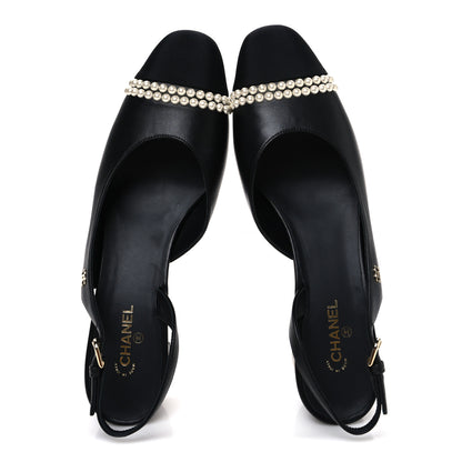 Chanel Lambskin Grosgrain Pearl Cap Toe CC Slingback Pumps 40.5 Black 2 of 12
