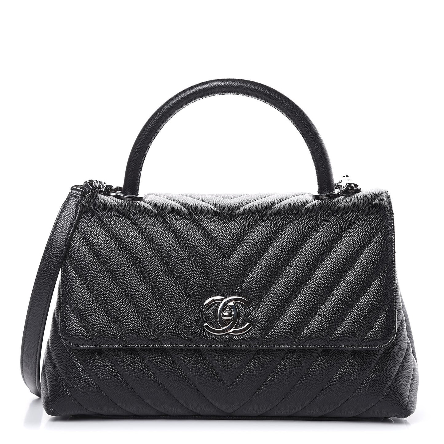 Caviar Chevron Quilted Small Coco Handle Flap Black