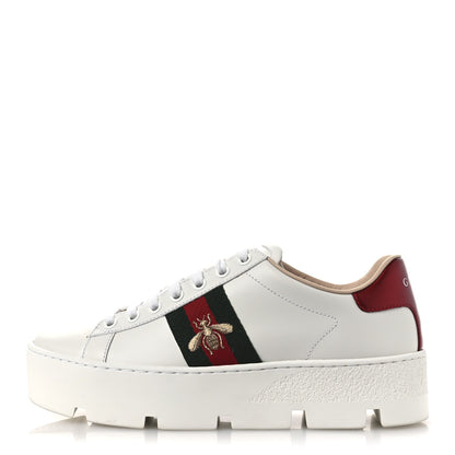 Gucci Calfskin Web Bee Embroidered Womens Ace Platform Sneakers 35.5 White 1 of 11
