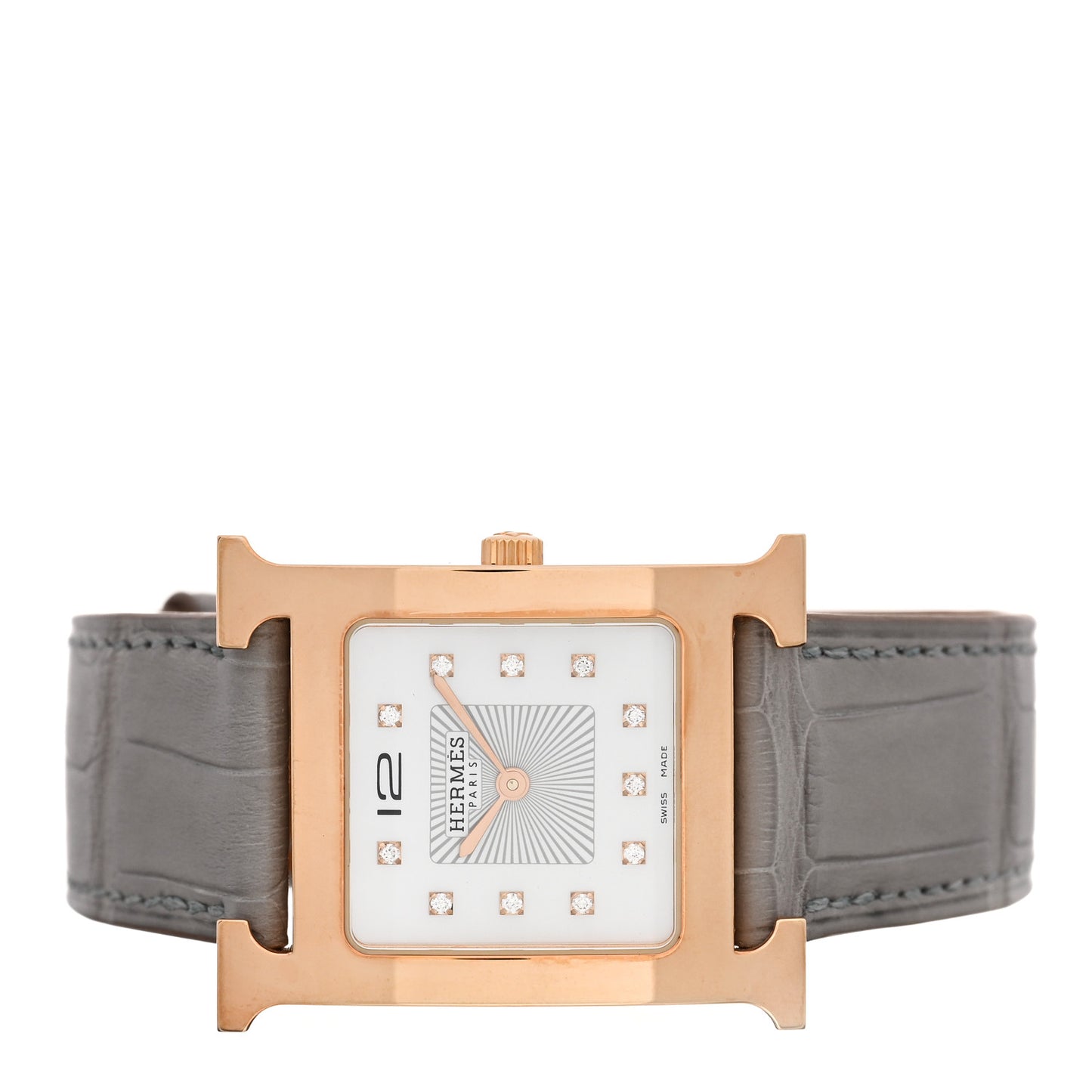 Stainless Steel Alligator Diamond Mother of Pearl 26mm Heure H Hour Quartz Watch Gris Perle