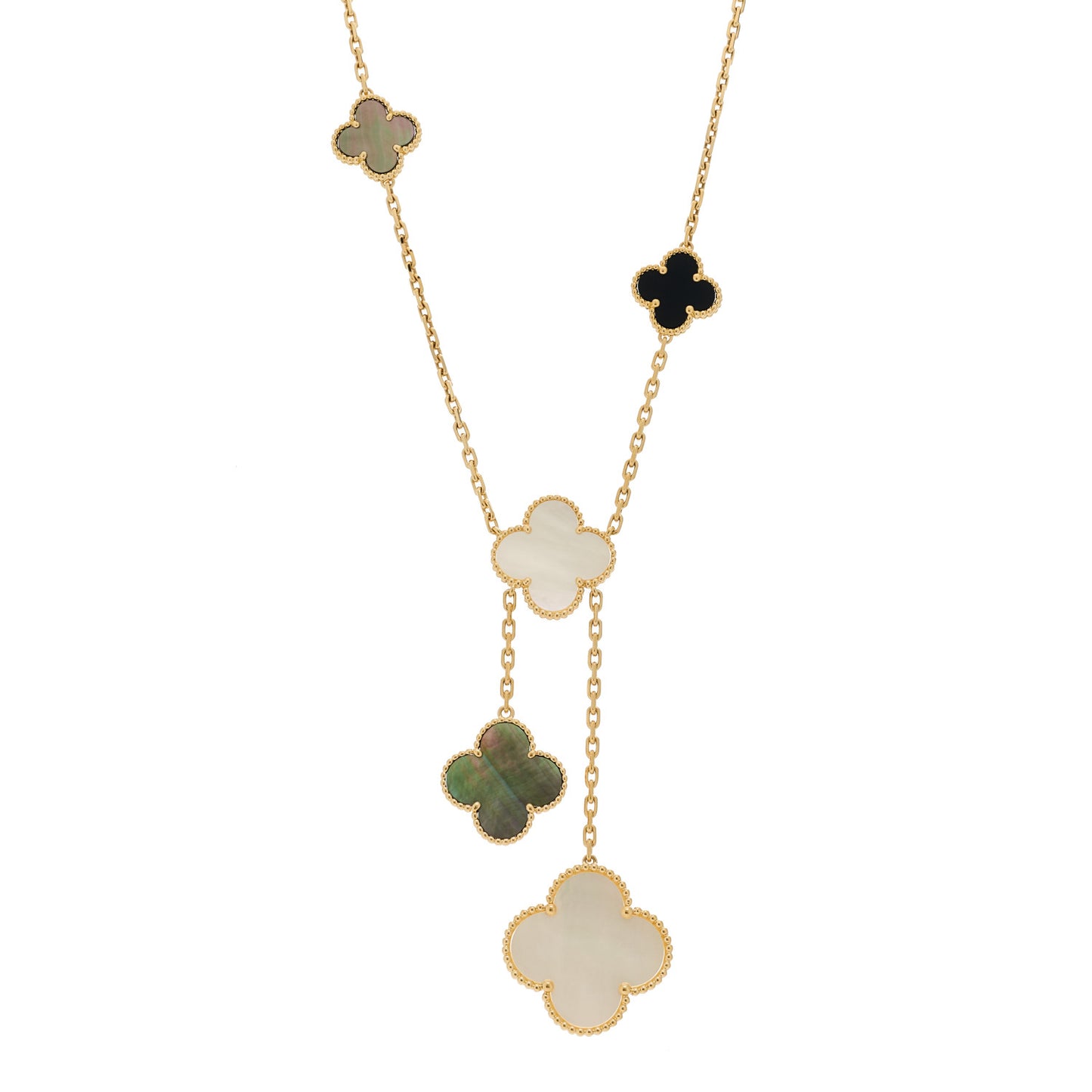 18K Yellow Gold Mother of Pearl Onyx 6 Motifs Magic Alhambra Necklace