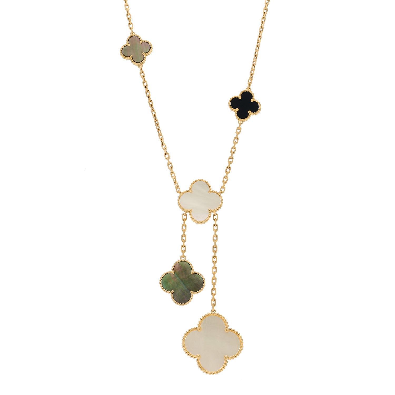 Van Cleef & Arpels 18K Yellow Gold Mother of Pearl Onyx 6 Motifs Magic Alhambra Necklace 1 of 6