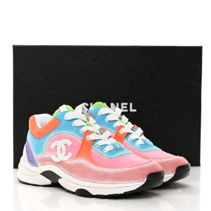 Chanel Nylon Lambskin Suede Calfskin CC Sneakers 37 Coral Light Blue White 9 of 9