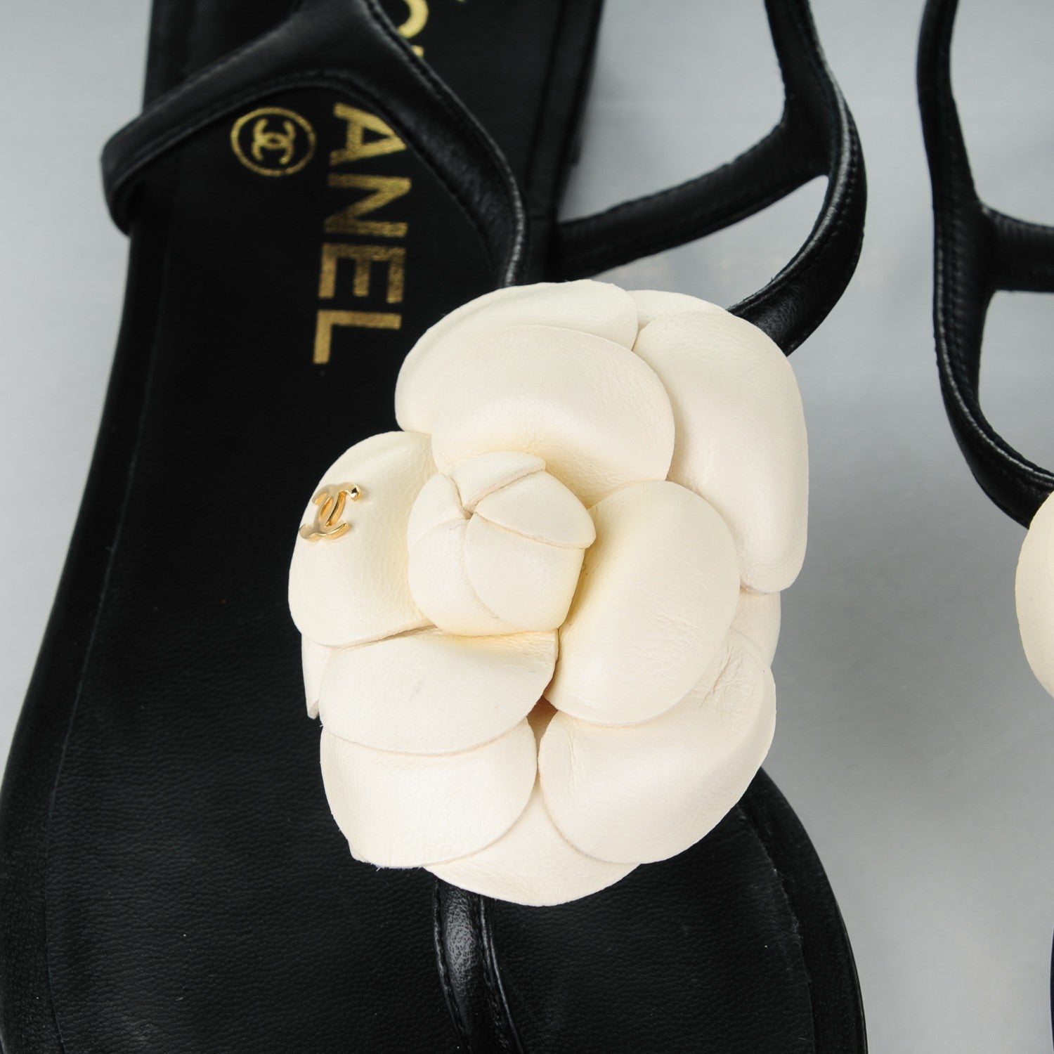 Chanel Lambskin Camellia Thong Sandals 36 Black White 8 of 9