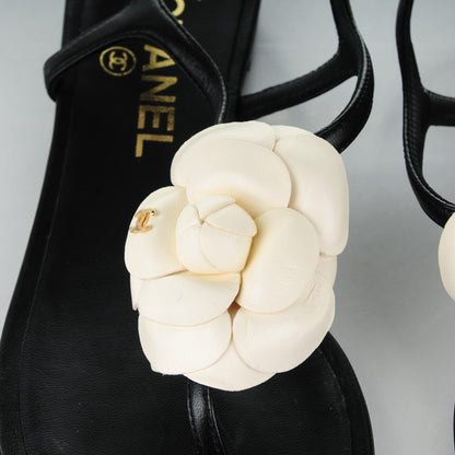Chanel Lambskin Camellia Thong Sandals 36 Black White 8 of 9