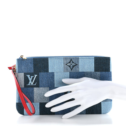 Louis Vuitton Denim Damier Monogram Patchwork Neverfull MM Pochette Blue Rouge 2 of 8