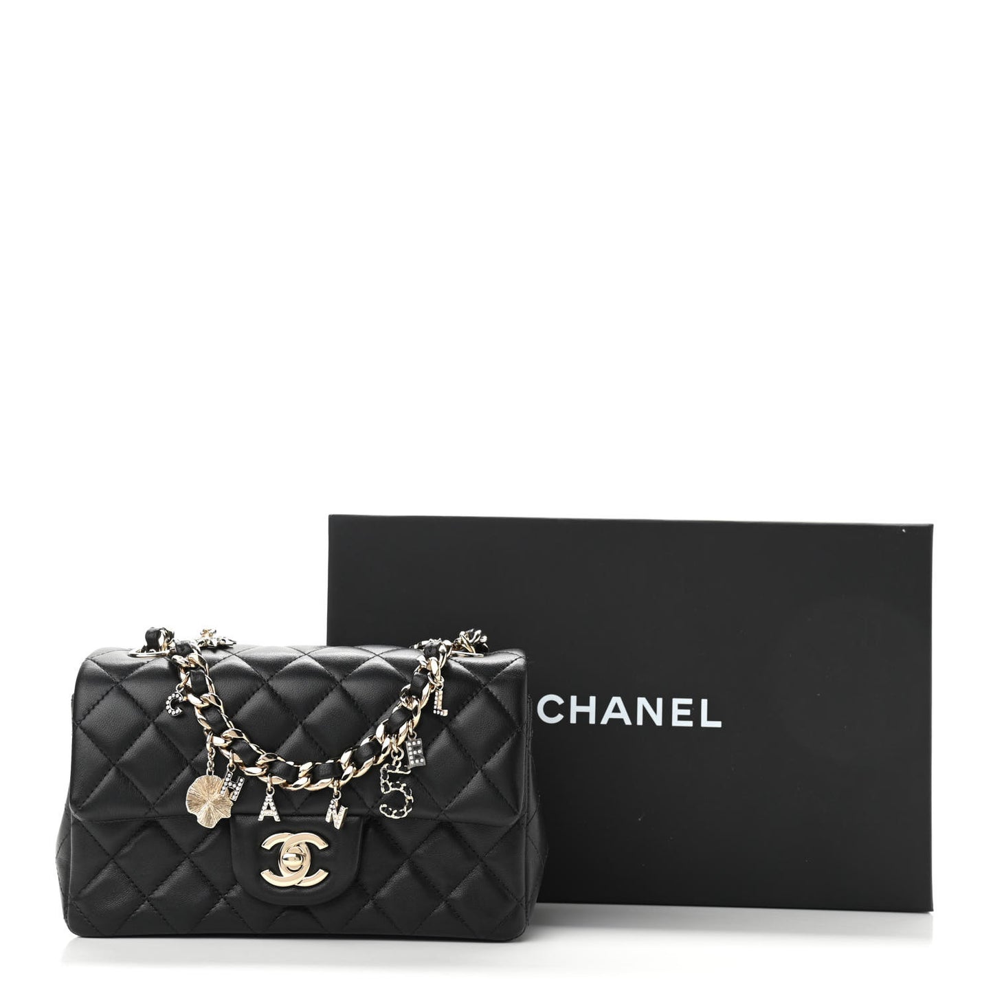 Lambskin Quilted Mini Coco Charms Rectangular Flap Black
