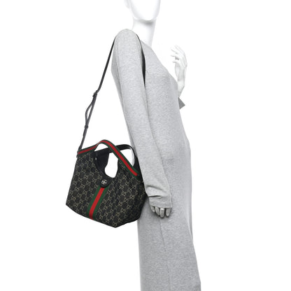 Gucci Denim GG Monogram Web Small Giglio Tote Black Ivory 2 of 10