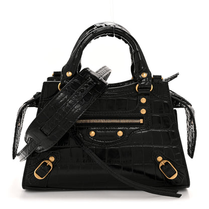 Balenciaga Shiny Supple Calfskin Crocodile Embossed Neo Classic Gold Hardware Mini City Black 1 of 15