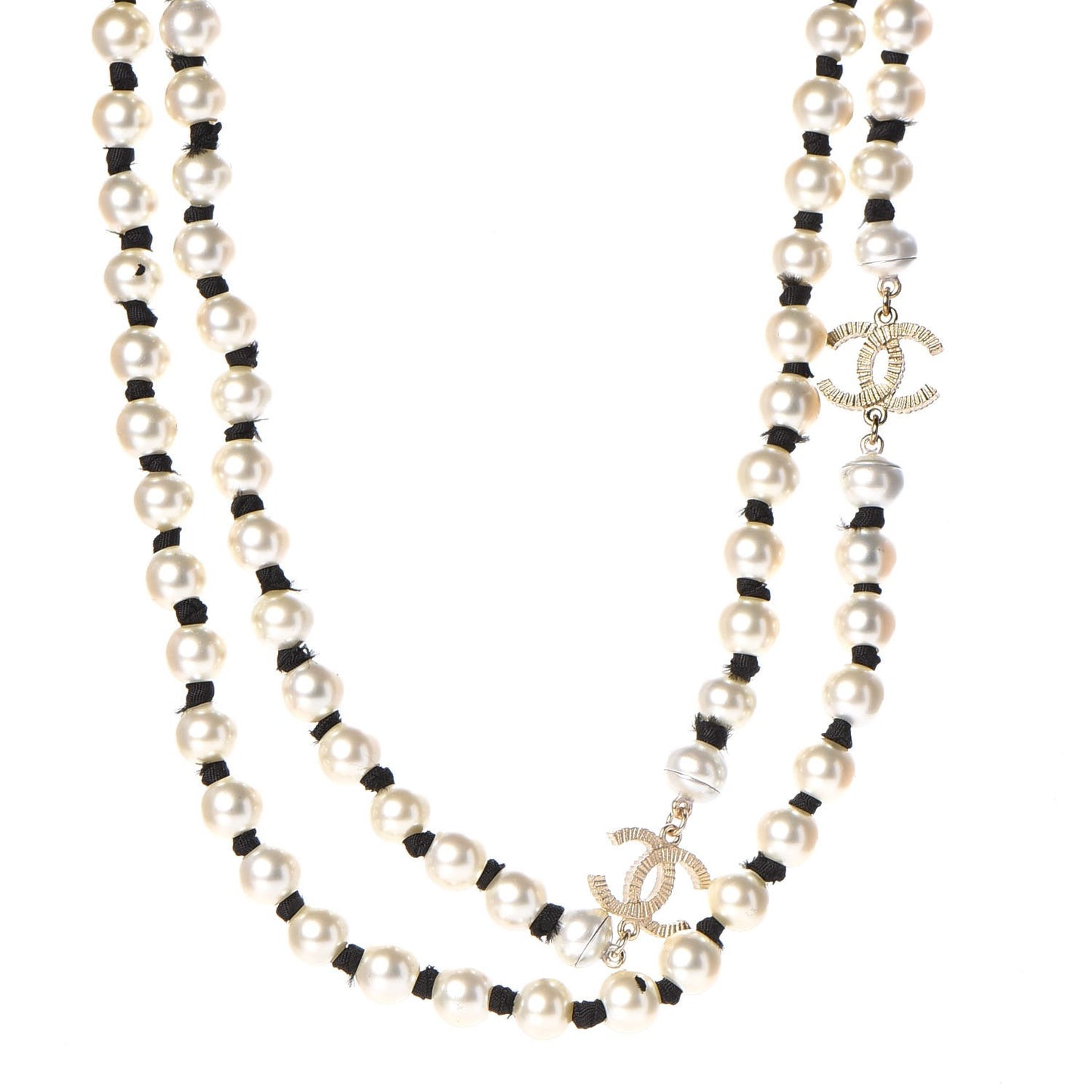 Pearl CC Long Necklace Gold Pearly White Black
