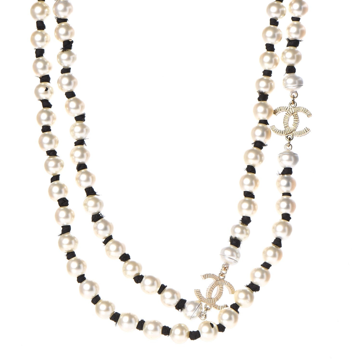 Chanel Pearl CC Long Necklace Gold Pearly White Black 1 of 8