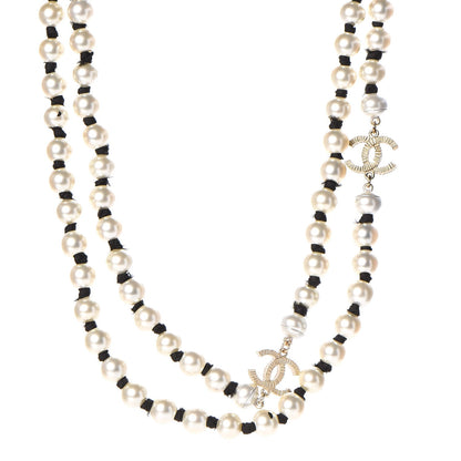 Chanel Pearl CC Long Necklace Gold Pearly White Black 1 of 8