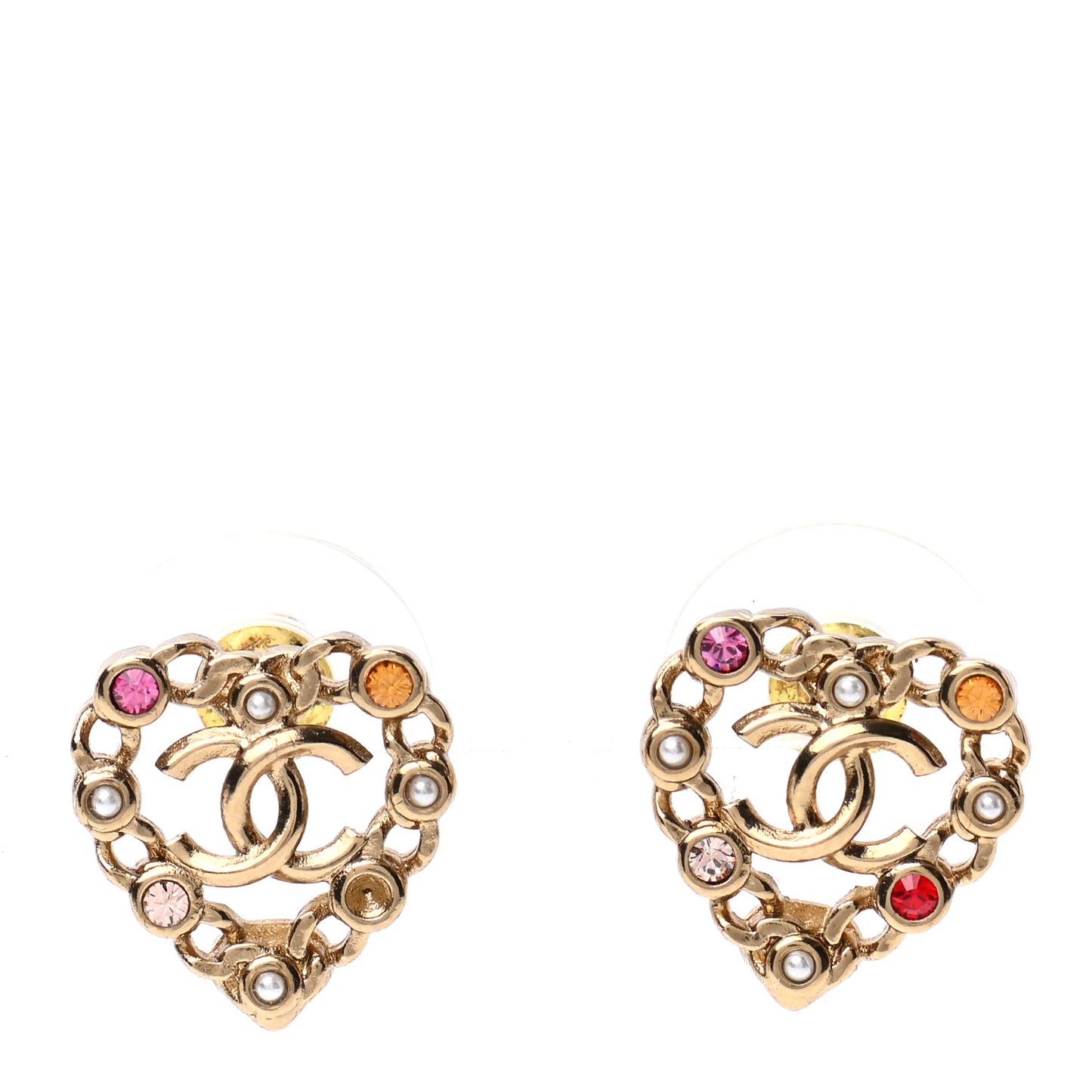 Pearl Crystal CC Heart Earrings Gold Multicolor