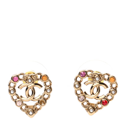 Chanel Pearl Crystal CC Heart Earrings Gold Multicolor 1 of 4