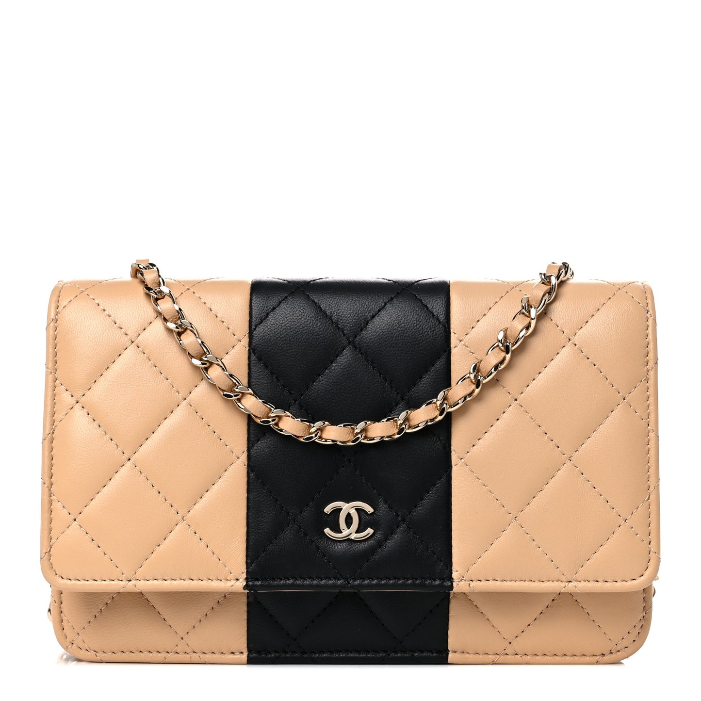 Lambskin Quilted Wallet On Chain WOC Beige Black