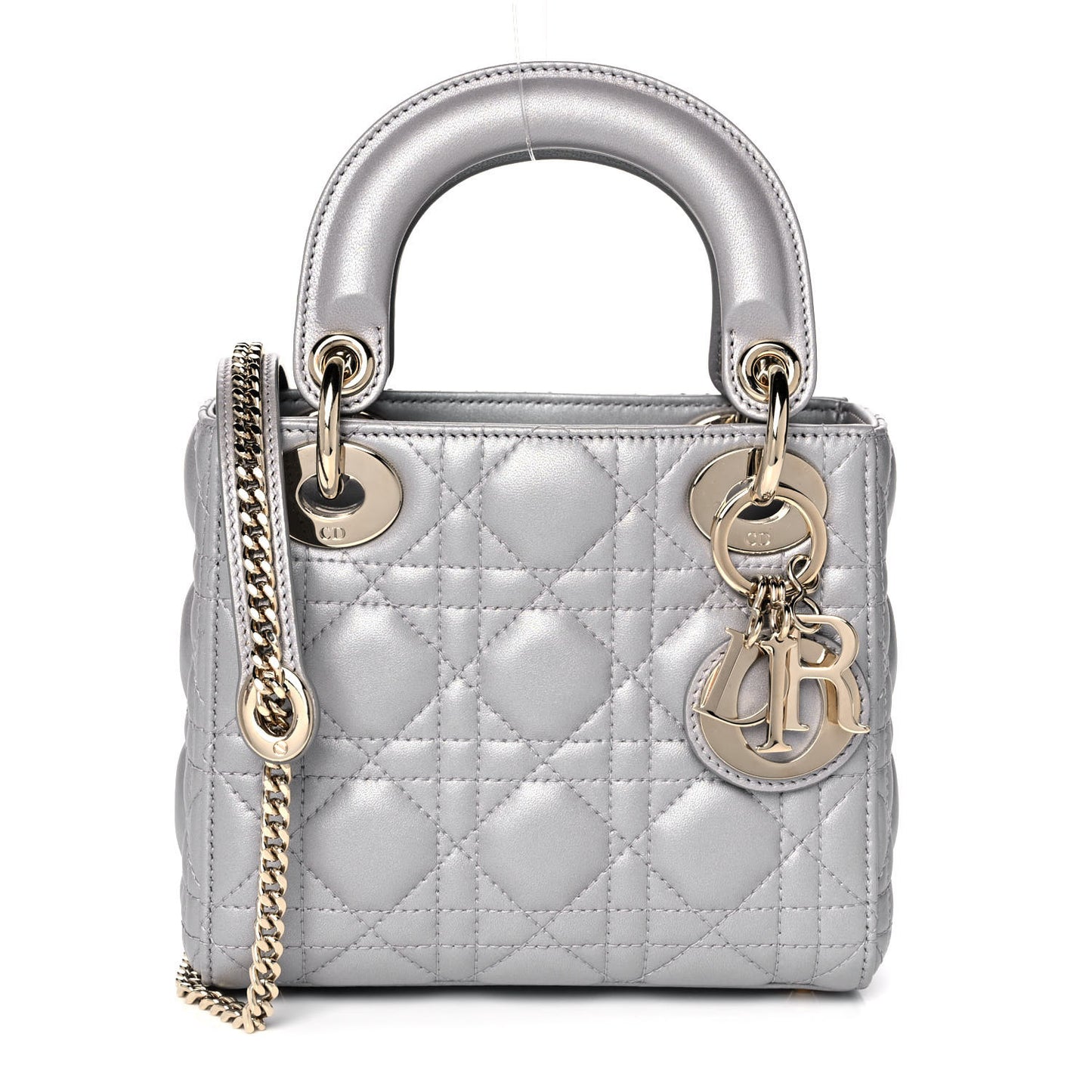 Metallic Lambskin Cannage Mini Lady Dior Grey